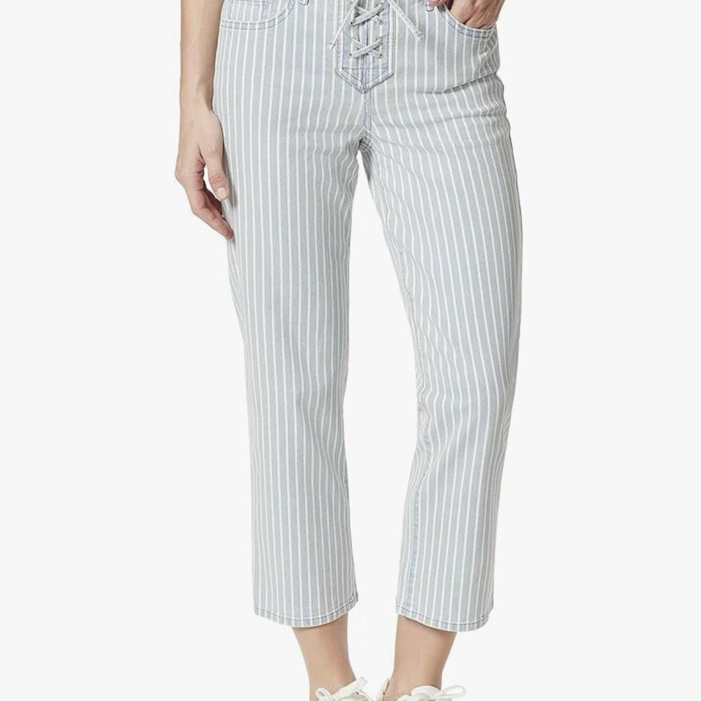 High Waisted Cropped Light Blue with White Striped Bottoms